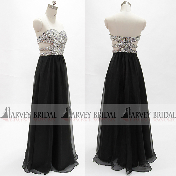Harveybridal Black Chiffon Prom Dress Luxury Crystal Formal Evening Dress Custom Made Hand Beading Party Dress Homecoming Dress
