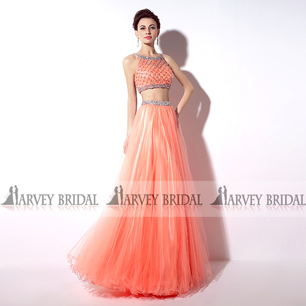 Coral Tulle Two Piece Prom Dress Luxury Hand Beading Dress Tank Top Aline Party